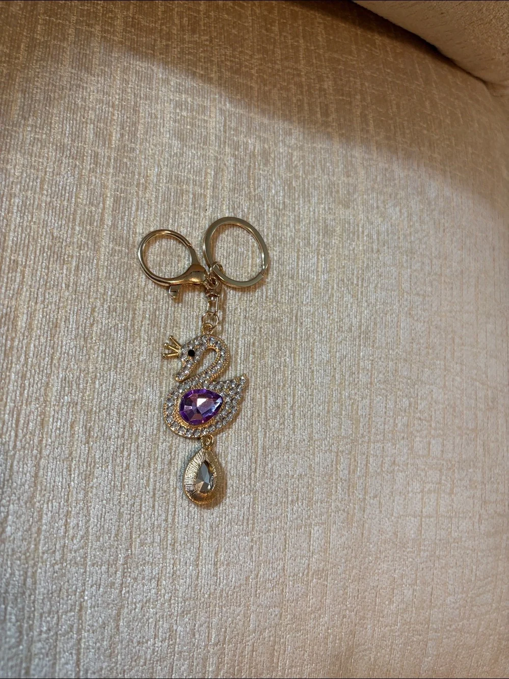 Source Unknown Gold Swan Keychain with Purple Crystals